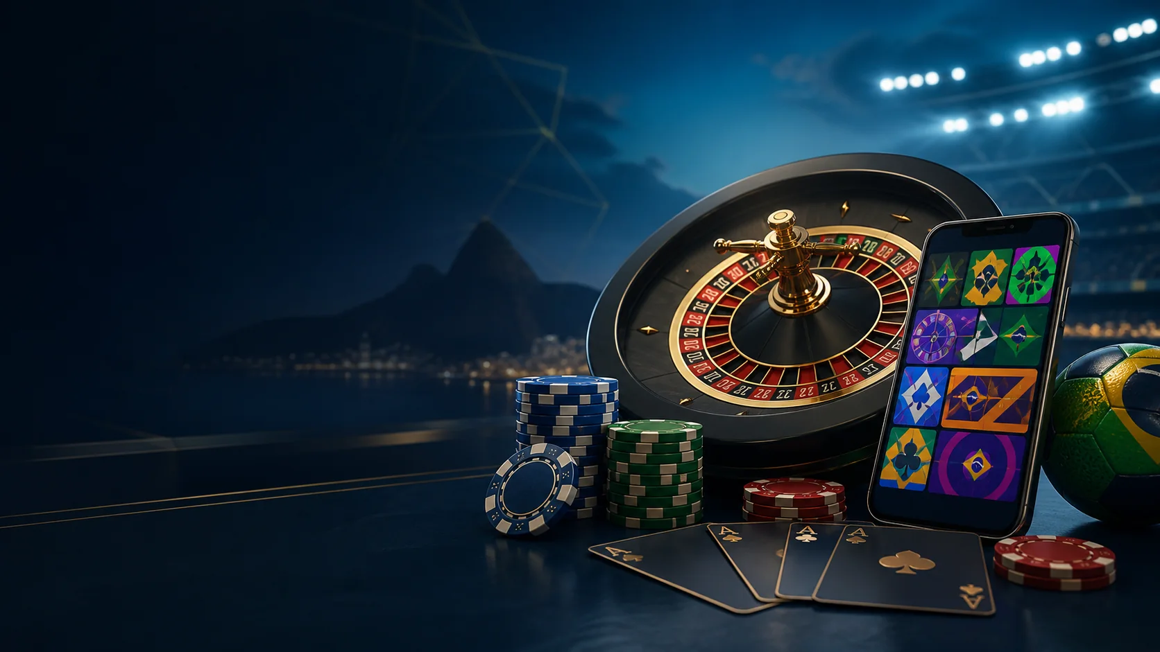 Roleta, cartas e fichas em cena editorial da análise 5vbet