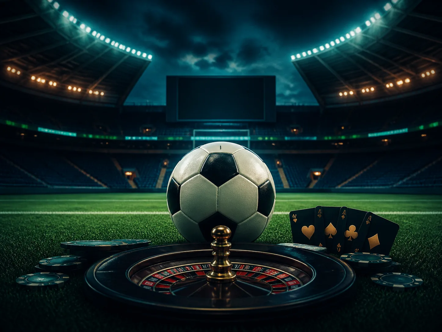 Estádio, bola e roleta ilustram o contexto de apostas esportivas