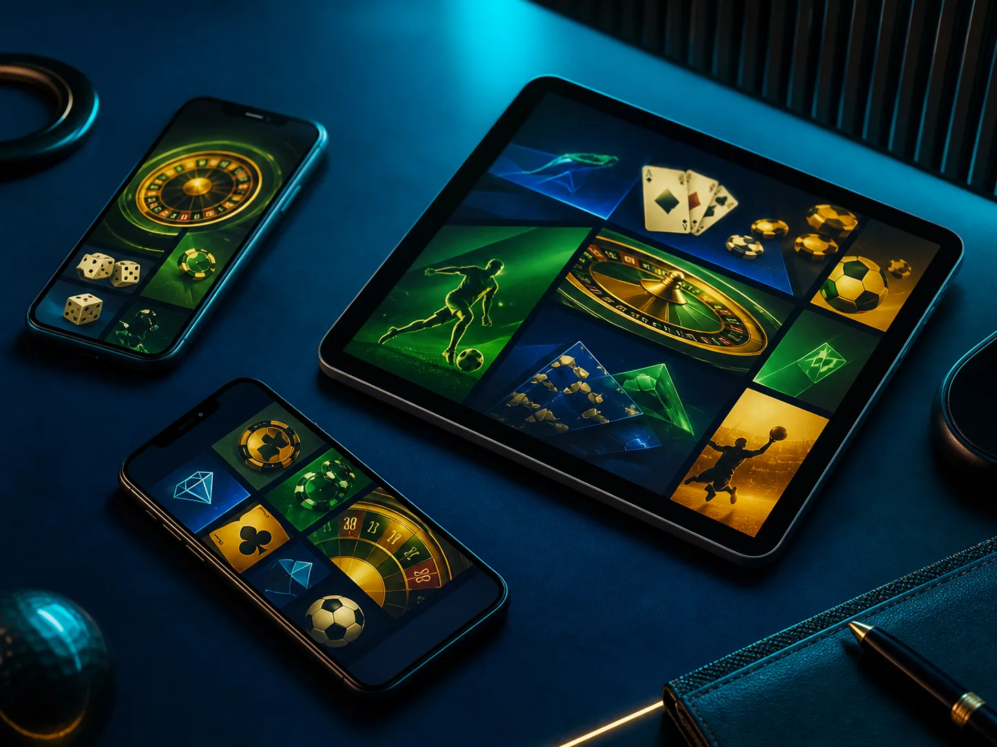 Celulares e tablet exibem mosaicos genéricos de jogos e esportes