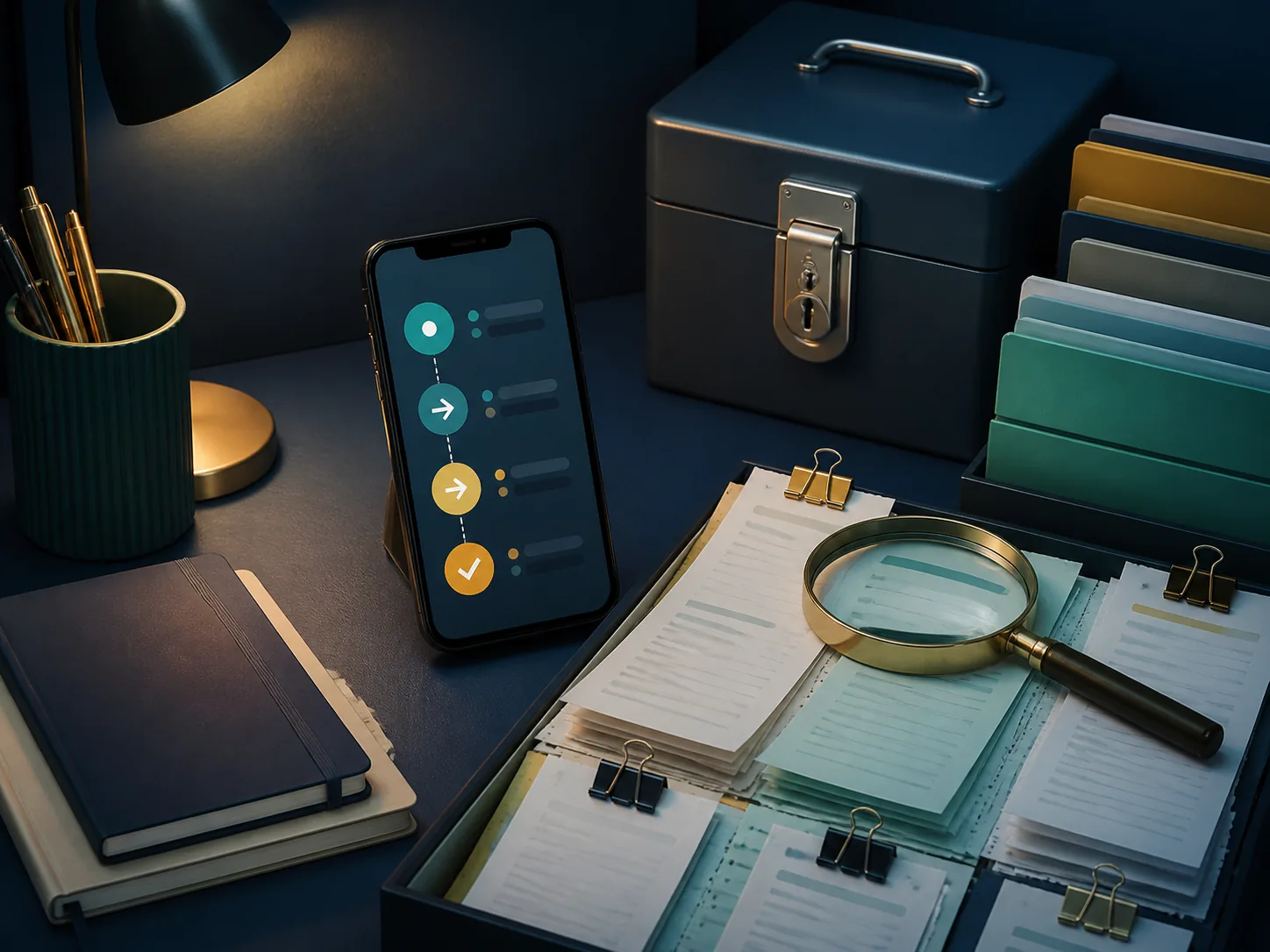 Celular, documentos e caixa segura ilustram conciliação de pagamentos